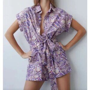 Chufy Gone Jammin' Belted Mixed Media Marcia Playsuit Romper Women's Size Large